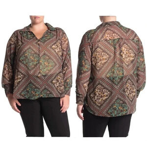 New Pleione Split Neck Smocked Dusty Mint Patch top long sleeve button blouse